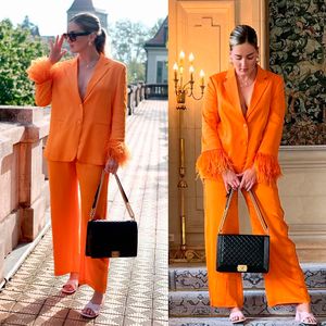 Ostrich Feather Leisure Mother of the Bride Suits For Wedding Orange Women Sexy Loose Wear Trousers Set 2 Pieces