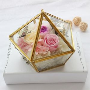 Nordic Geometric Transparent Glass Flower Room Ring Box Wedding Jewelry Cover Innovative Home Decor Y200104
