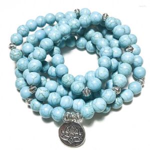 Beaded Strands 108 Mala 8mm Blue Turquoise Elastic Wrap Bracelet Meditation Yoga Healing Jewelry Lotus Buddha Tree Of Life Charm Fawn22