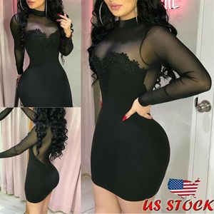 Skinny Summer Dress Mesh Transparent Sexy Black Women Casual Long Sleeve Evening Party Mini Short Bodycon 220613