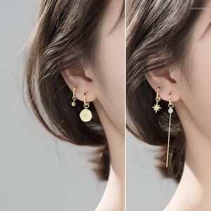 Hoop & Huggie Sterling Silver Star Tassel Asymmetric Earrings For Women Round Disc Gold CZ Wedding Jewelry GiftHoop Kirs22