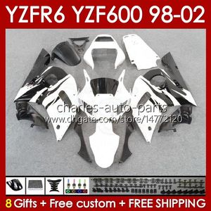 Body Kit för Yamaha YZF R6 R 6 98-02 YZFR6 98 99 00 01 02 BOODYWORK 145NO.62 YZF 600 CC YZF-600 Frame YZF-R6 YZF600 600CC 1998 1999 2000 2001 2002 ABS FAIRINGS VIT GLOSSY BLK