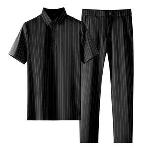 men's Casual Shirts light luxury leisure ice silk soft comfortable suit mens summer anti-static casual short-sleeved thin polyester striped 2pcs clothing