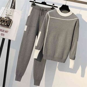 DEAT Autumn Women Knitted Two Piece Set Casual Sportsuit O Neck Long Sleeve Pullover Sweater Pants Set Tracksuit MG987 210331