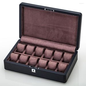 Caixas de assistência Caixas Slots Caixa de couro Organizador de armazenamento preto com carbono de moda de bloqueio para Menwatch Hele22