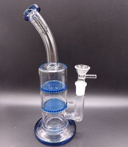 10 inch Blue Delicate Glass Water Bong Hookahs with Double Honeycomb Perc Smoking Pipes