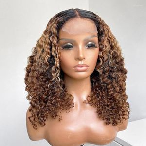 Lace Pruiken Hoogtepaard Wig Human Hair Front For Women Ombre Gekleurde voorgeplukte x4 Sluiting Curly Real Tobi22