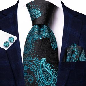 Bow Ties Black Teal Blue Paisley Silk Wedding Tie For Men Handky Cufflink Gift Necktie Fashion Business Party Dropship Hi-Tie DesignBow BowB