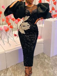 Cekiny Czarne Suknie Aksamitne Haft Klatka Skrzynia Owinięcia Rękaw Puffowy Sparkly Sukienka Classy Ladies Spring Party Celebrity Urodziny 4XL