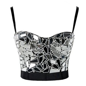 Women Summer Sexy Rave Outfit Corset with s Silver Sequin Glitter Crop Top Strass Goth Festival Clothing Drop 220519