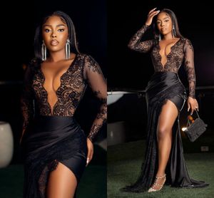 Wholesale gold sequin dress long sleeves for sale - Group buy 2022 Black Lace Evening Dresses Big V Neck Long Sleeves High Slit Women Party Prom Dressing Gowns Mermaid Plus Size