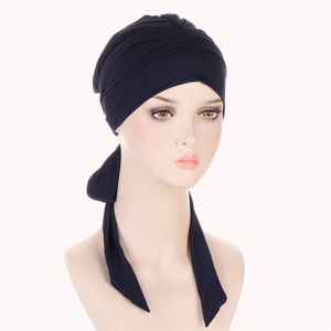 2022 Pre-Tied Muslim Women Inner Caps Stretch Hijabs Long Tail Bow Head Scarf Chemo Cancer Turban Femme Hair Loss Cap Headwrap Cover