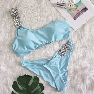 Brilhante diamante biquíni sexy um ombro alto corte push up swimsuit fêmea de cristal de banho de cristal brasileiro thong swimwear 220408