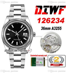 DIWF 36MM 126234 SA3235自動メンズウォッチフルーテッドベゼルブラックダイヤルスティックマーカー904LスチールオイスタースチールブレスレットスーパーエディションPuretime A1
