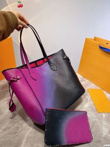 HH Rainbow Color Never MM Полная композитная большая сумка Акварельная кожа Женская дизайнерская сумка через плечо с чехлом Кошелек Сумочка Роскошная сумка через плечо Tie Dye Сумка из 2 предметов в комплекте