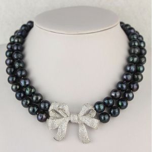 Hand knotted necklace natural 8-9mm black freshwater pearl 2 rows nearly round pearl 18-19inch