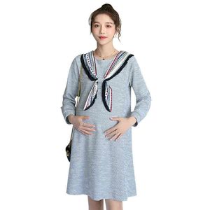 Korean Style Maternity Autumn Dress Long Sleeves Bow Collar Aline Knitting Dress Plus Size Pregnant Woman Fashion Clothing J220628