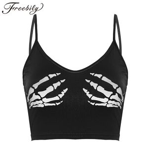 Sexy Club Women Summer Crop Top Camis Punk Y2K Harajuku Black Sleeveless Human Skeleton Skull Hand Printed Tights Vest Femme 220607