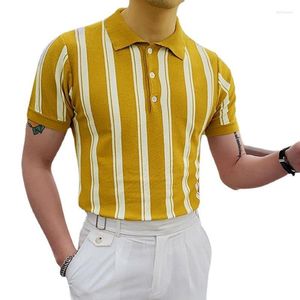 Herrpolos sommar män smal randig tröja gul tunna t-shirt herrar affärer tshirt modemen's Men'smens milda22