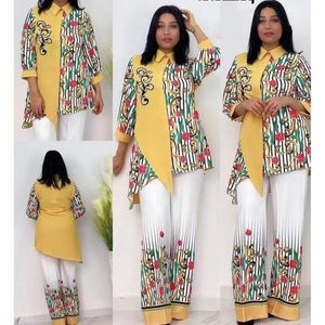 Etniska kläder Två stycken Set Africa Clothes African Dashiki Fashion Striped Flower Suit Top Trousers Super Elastic Party for Women Outfits