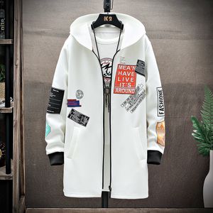 Men's Trench Coats Fashion Printed Mens Trench Coat Streetwear Hooded Harajuku Windbreaker Slim Fit Ribbons Outwear 220826