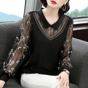 Kvinnor Spring Autumn Style Mesh Lace Blues Shirts Lady Casual Long Sleeve Peter Pan Collar Patchwork Blusa Toppar ZZ0656 210326