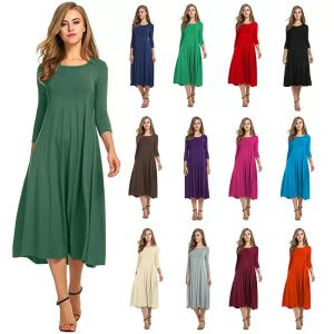 Dresses Fashion Summer Casual Dress Round Neck Large Swing Midi Dresses Plus Size Long Sleeve Blank Plain Streetwear Female Apparel Clothing