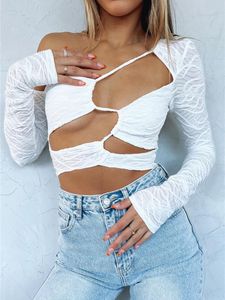 Casual Dresses Hirigin Frauen Slim Cropped Tops Einfarbig Langarm Spitzenpanel Hollow Out Bandage Fit T-Shirt Party ClubCasual