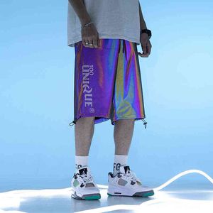 Mäns shorts män färgglada laser reflekterande shorts för tonåring 2021 mode hiphop klubbkläder mens high street harem pant harajuku streetwear t220825