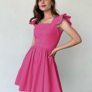 Ootn Rose Red Sweet Women Dress Summer Square Neck Flying Sleeve Lovely Dress High midja Pleated Elegant Cute Mini Dress Holiday 220511