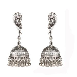 Damen Vintage ethnische Silber Farbe indische Ohrringe Boho Schmuck Retro Glocke Quaste geschnitzt Damen Jhumka baumeln Ohrringe Kleiderbügel