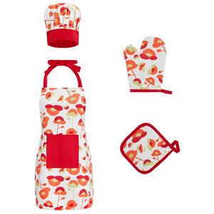 Kids Apron Set for Girl and Boy 4 pcs Includes Apron for Kids Chef Hat Oven Mitt hot pad for Dress Up Chef Costume Career Role Play Red flower
