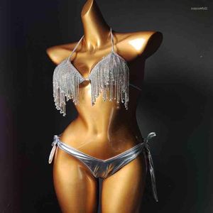 Férias Sexy Diamond Biquíni Conjunto de Rhinestone Tassels Aprómitos Bling Stones Beachwear Bandagem feminina feminina feminina feminina