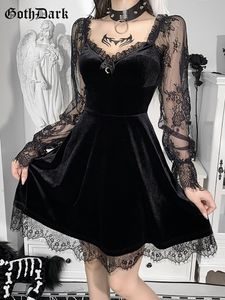 Goth mörk velor gotisk estetiska vintage klänningar kvinnor s spets lapptäcke grunge svart klänning lång ärm en linje höstpartykläder 220521