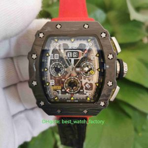 Hot Selling Top Quality Klockor 50mm x 44mm R11-03 Skelett NTPT Carbon Fiber Röda läderband Transparent Mekaniska Automatiska Män Klockor Wristwatches