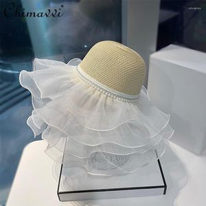 Breda randen hattar sommar mode utflykt strå hatt feminin pärla spetsar stor koreansk stil solskydd strand för kvinnor i hela oliv22