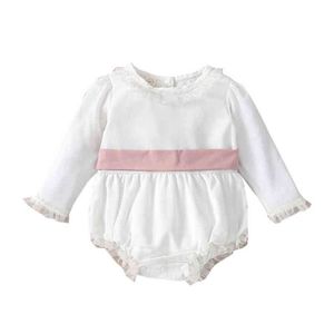 Baby Girl Chiffon Romper Long Sleeve Round Collar Lace High Waist Bodysuit Loose Fall Tops Soft Breathable 0-24 M Daily Wear G220517