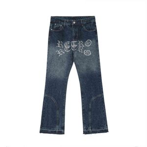 Rhinestone Letter Brodery Gradient Färg tvättade byxor byxor Mens Hot Drill rakt räckt rippat baggy denimbyxor T220803