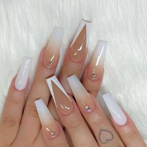 False Nails 24pc Press On French Detachable White Gradient Rhinestone Long Coffin Fake With Glue Faux Ballerina Nail Prud22