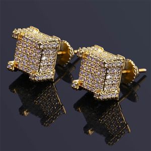 Jinao Hip Hop Nytt mode Iced Out Bling Stud örhängen Guldfärg Micro Pave Cubic Zircon Square Stud Earring For Men Women T200225