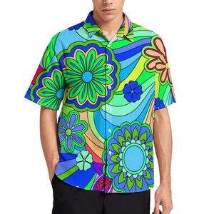 Men's Casual Shirts Retro Floral Hippy Shirt Men Trippy Flower Print Vacation Vintage Blouses Short-Sleeve OversizeMen's
