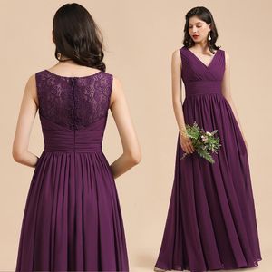 Abiti da damigella d'onore in chiffon su misura Viola Sexy scollo a V Sheer Back Lunghezza del pavimento Abito per la madre della sposa Abiti da ballo da sera BM3004