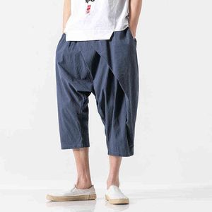 Summer Men Streetwear Harem Pants Mens Joggers Retro Drop Crotch Baggy Trousers Male Cotton Linen Chinese Style Cropped Pants L220706