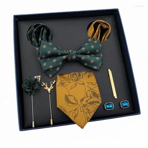 Bow Ties Vintage Green Men's Tie Set Luxury Neck For Wedding Gift Bowtie Handkerchief Cufflinks Clip Brooch Male NecktieBow Enek22