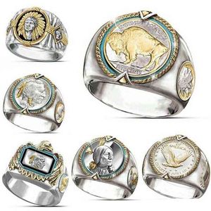 Hop Hip Zweifarbige 925 Silber Herren Goldringe Buffalo Nickel Schmuck Ring Herren Desinger Ringe Mode Persönlichkeit Geschenk für Mann Größe 7258b