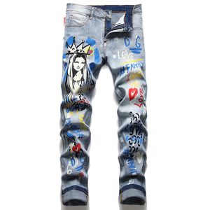 Moda Slim Fit Stretch męskie dżinsy letnia jesień druk barwienie spodnie dżinsowe Graffiti spodnie letnie Vaqueros de hombre
