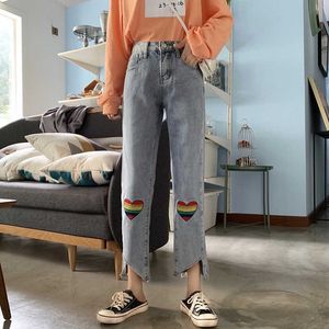 Autunno coreano ins Harajuku ricamo vintage jeans semplici a forma di cuore moda femminile vita alta casual nove pantaloni 210608