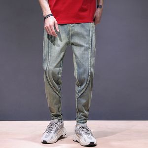 Mens Jeans anländer retro blå elastisk midja dragkammare baggy ben jogger jeans man casaul denim pants streetwear cx220401