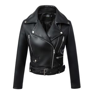 2022 New Women Women Spring Autumn Black Faux Leather Jackets Zipper Basic Coat Bush Down Collar Motor Motor Biker Outerwear