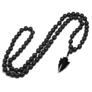 Anhänger Halsketten Natürliche Lava Perlen Halskette Obsidian Pfeil Vintage Frauen Männer Schmuck Yoga Mala MeditationAnhänger